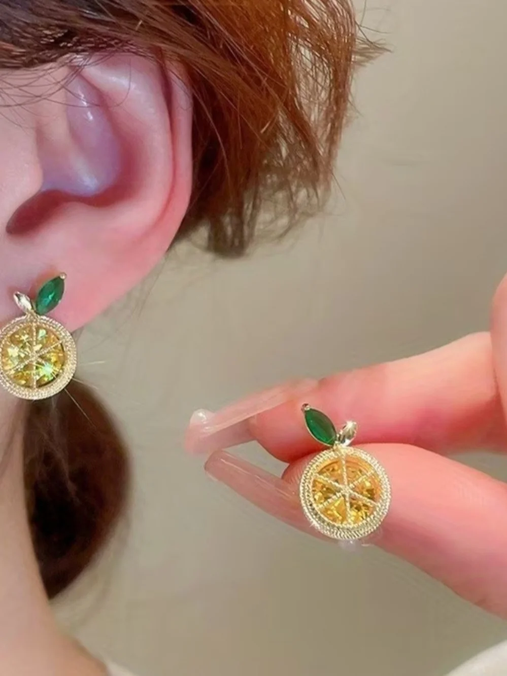 Gold-tone Lemon Citrus Slice Stud Earrings with Green Crystal Leaves